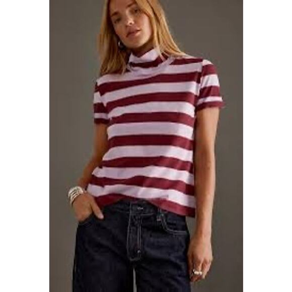 Anthropologie Maeve Striped Mock Neck Tee top short sleeve Pink Red fall XS - Picture 1 of 7